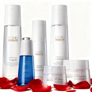 Atomy Absolute CellActive 6 dalių rinkinys brandžiai veido odai – tonikas, ampulė, serumas, losjonas, paakių kremas ir maitinamasis kremas.
